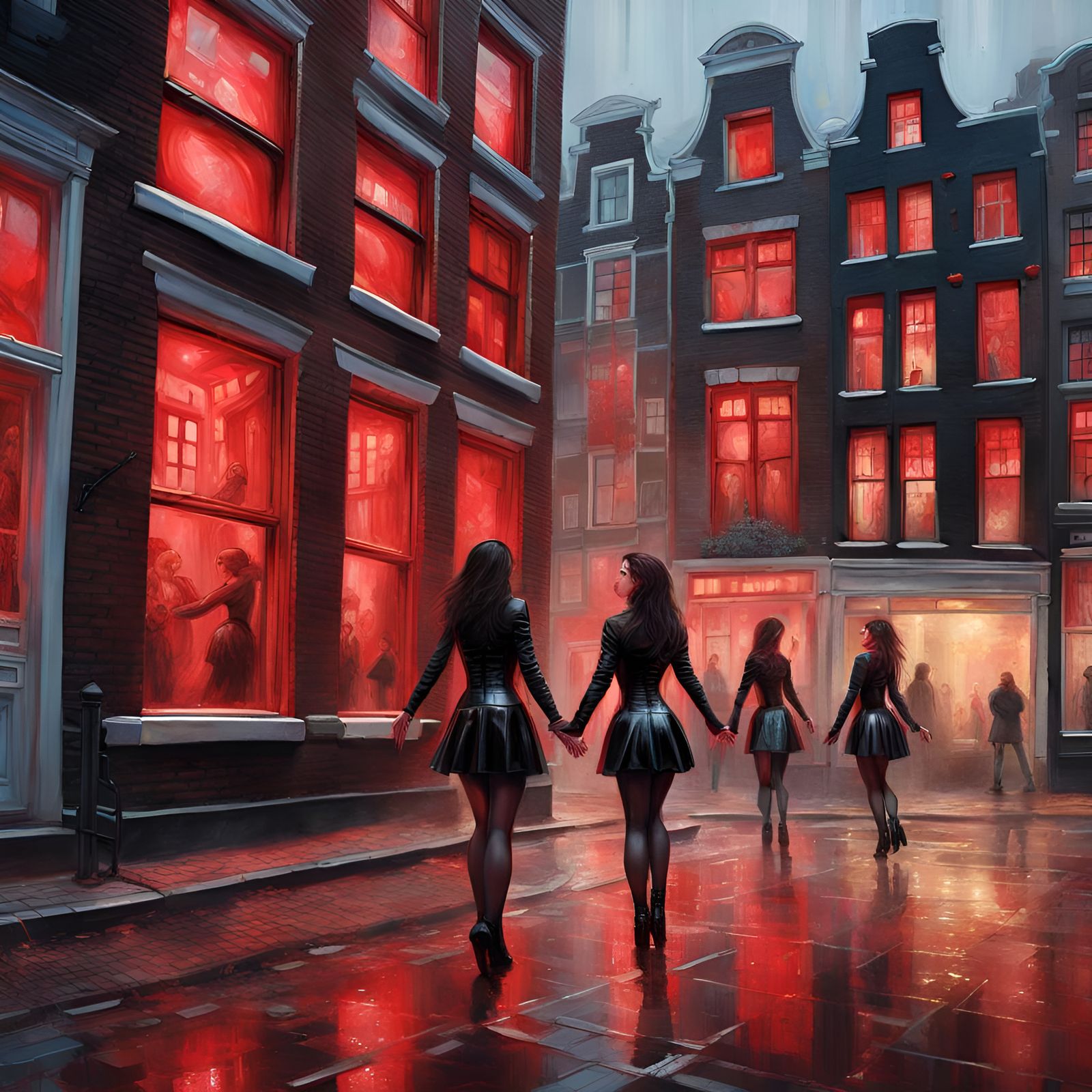 Red Light District Windows with Dancing Figures