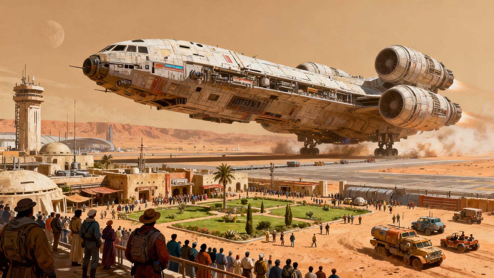 Retro-Futuristic Spaceport on a Bustling Desert Planet