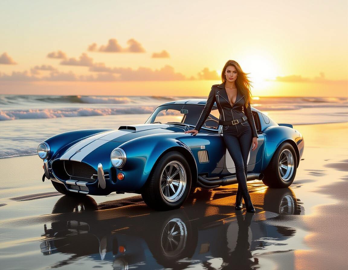 1965 Shelby Cobra Daytona Coupe on Golden Beach at Sunset