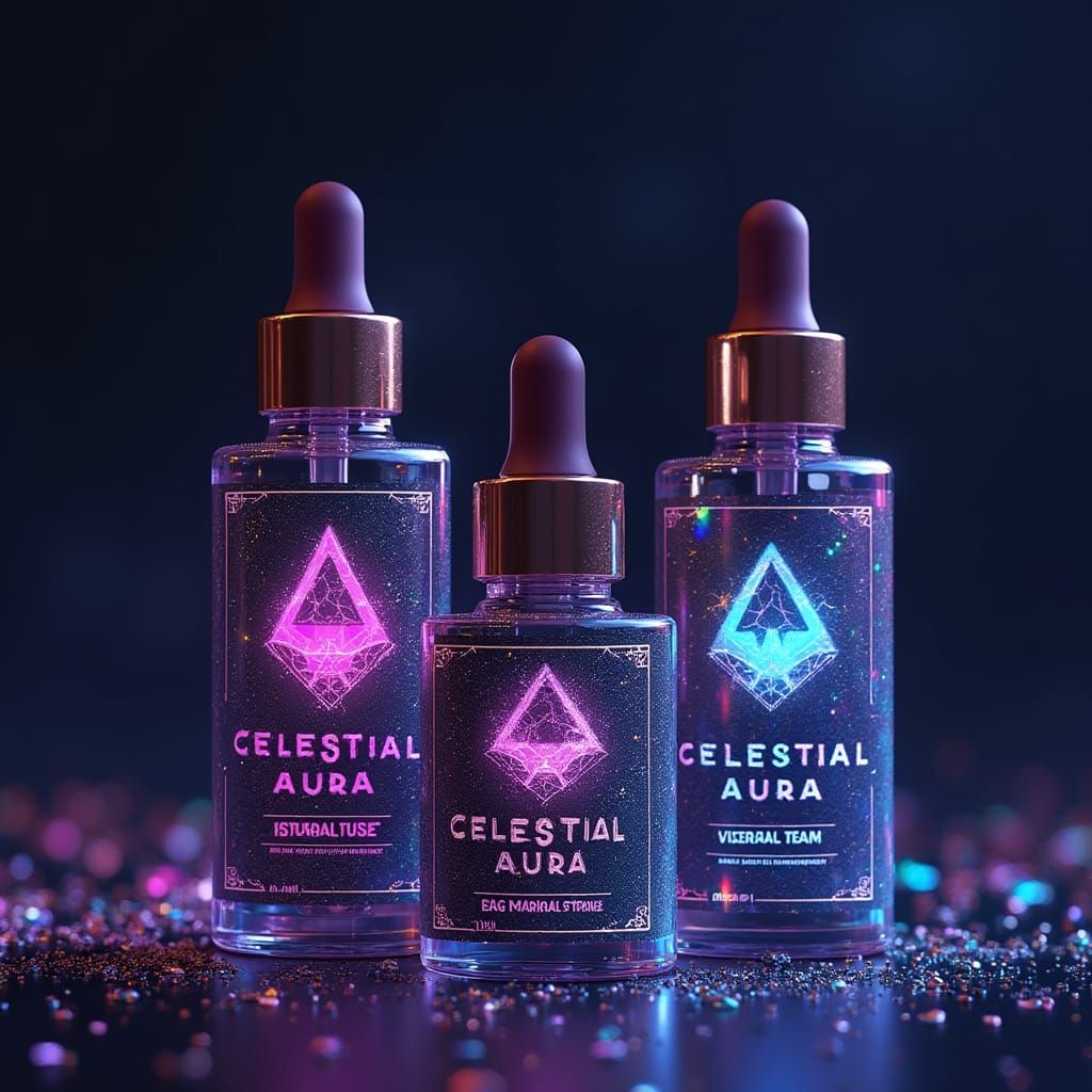 Surreal Beauty Product Labels in Cosmic Art Deco Style