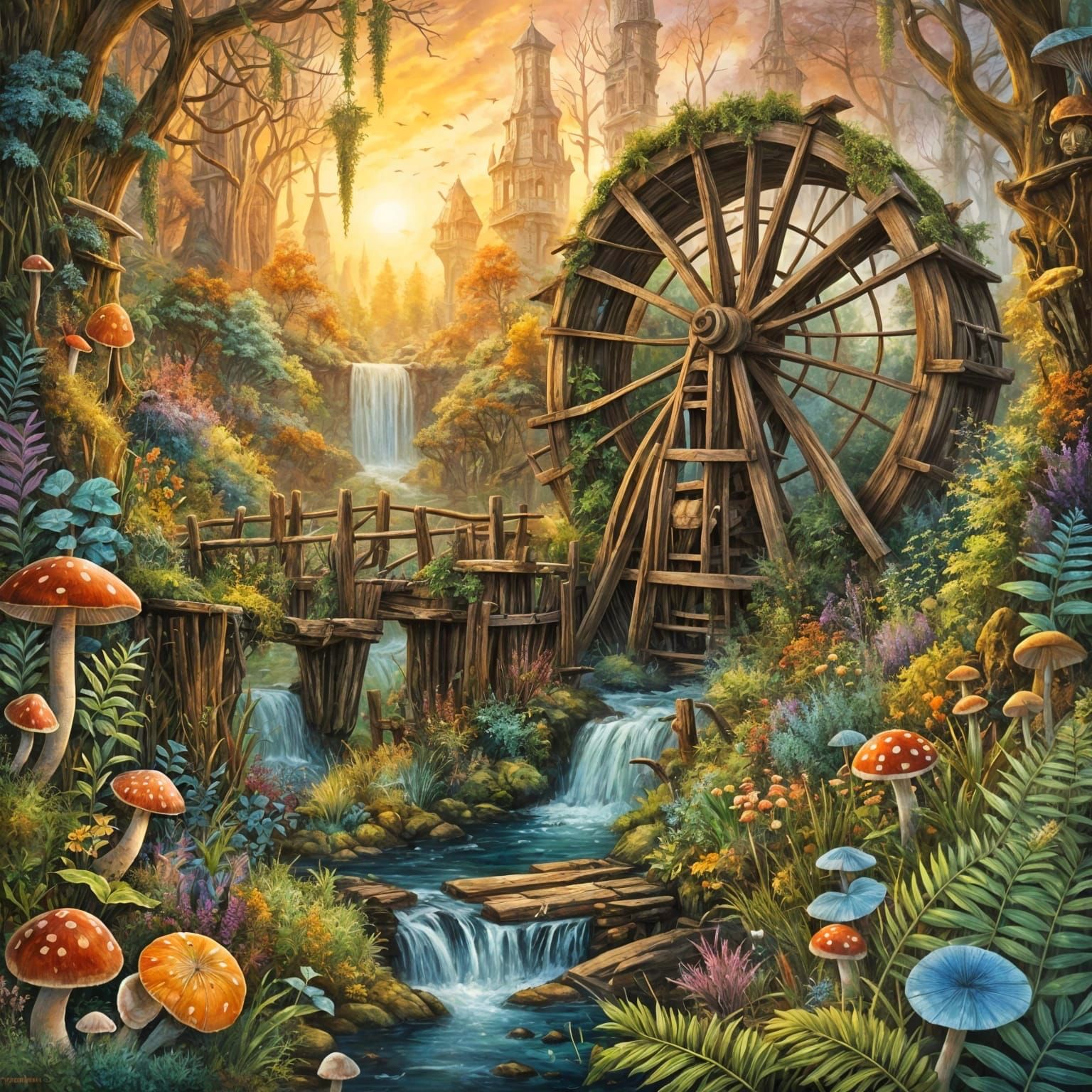 Whimsical Waterwheel in Sunset Glow