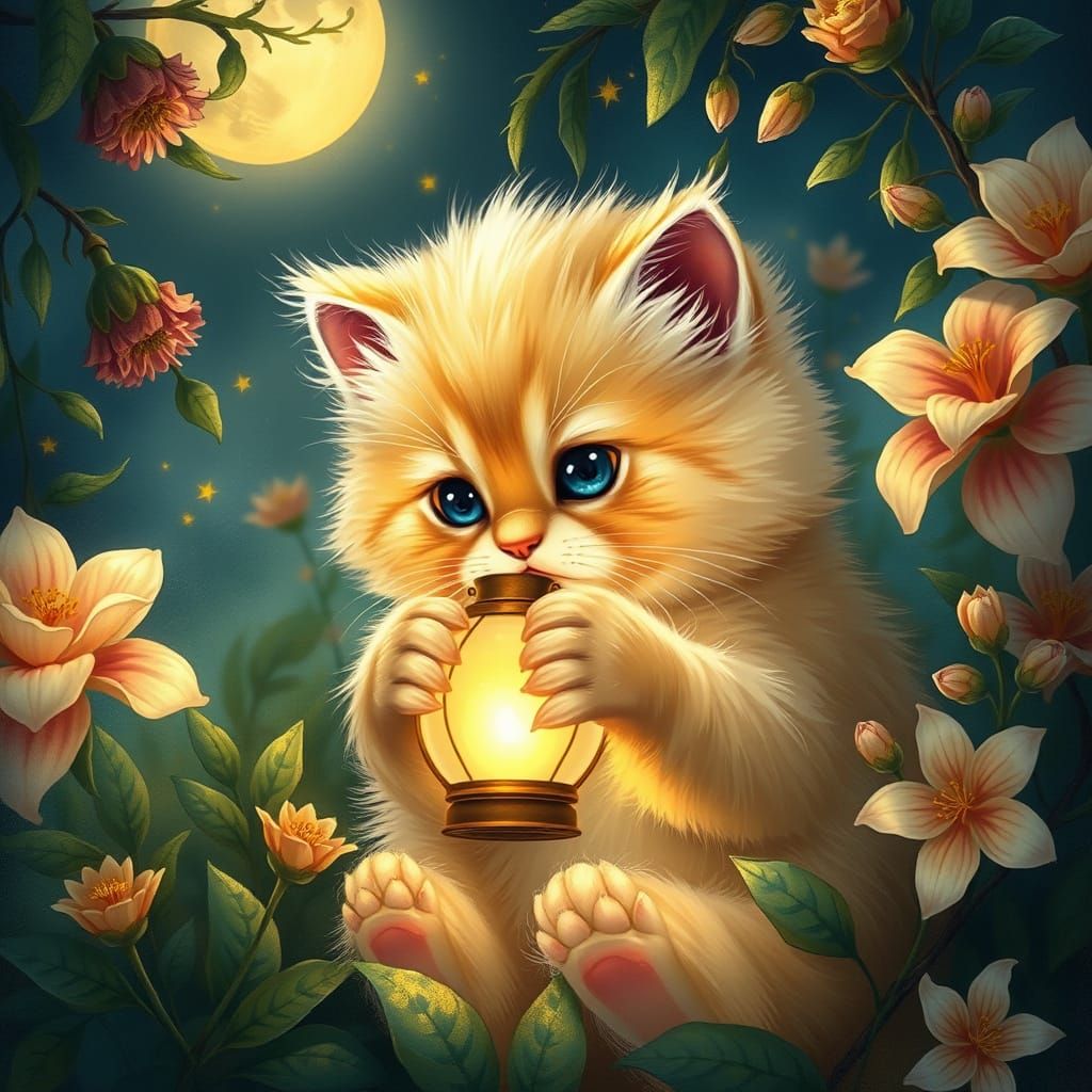 Kitten, Lantern, Mystical Forest