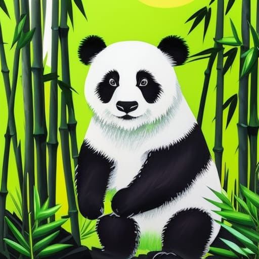 Neon Panda in Bamboo Forest: Gouache Watercolor Style