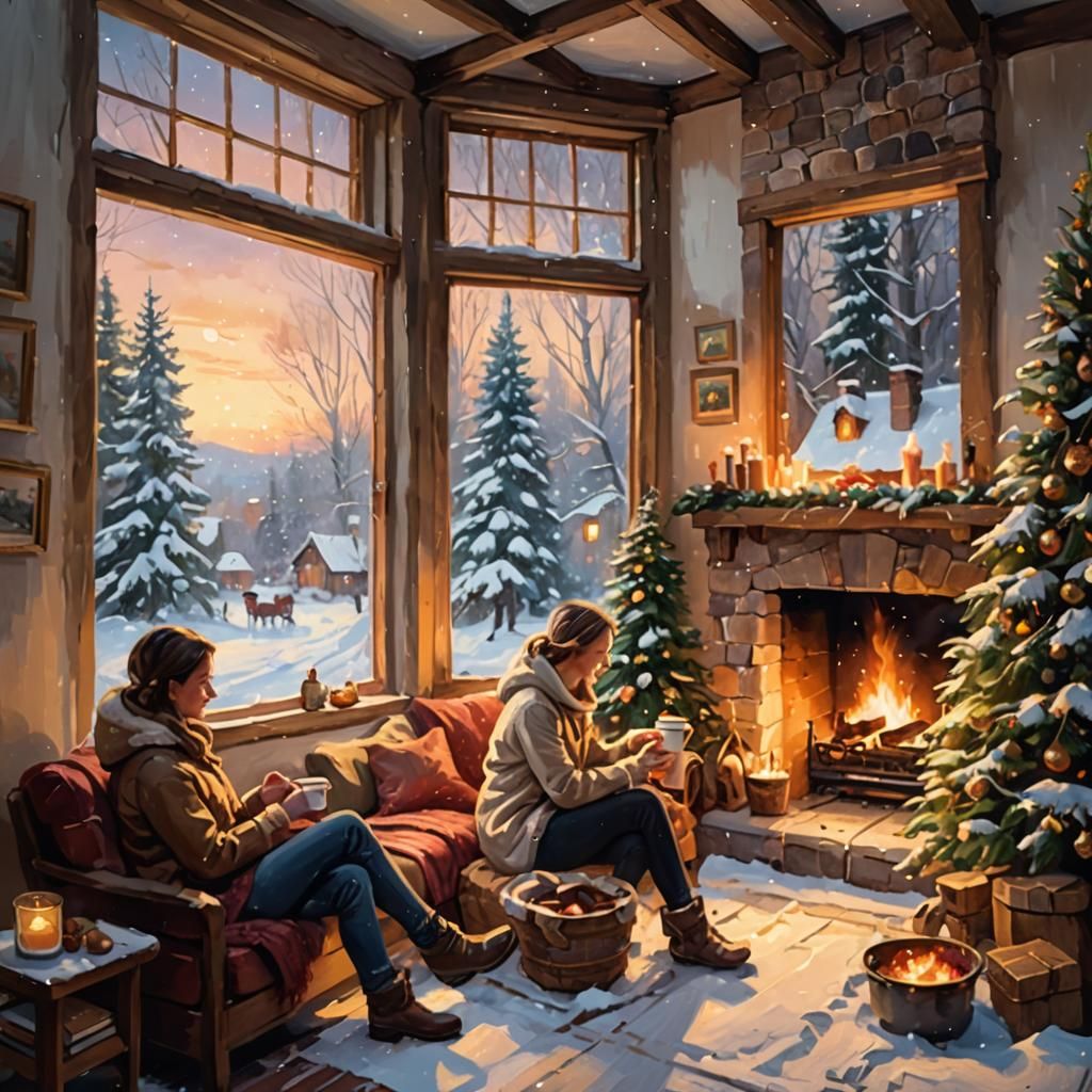 Cozy Winter Scene by Fireplace in Oil Painting Style