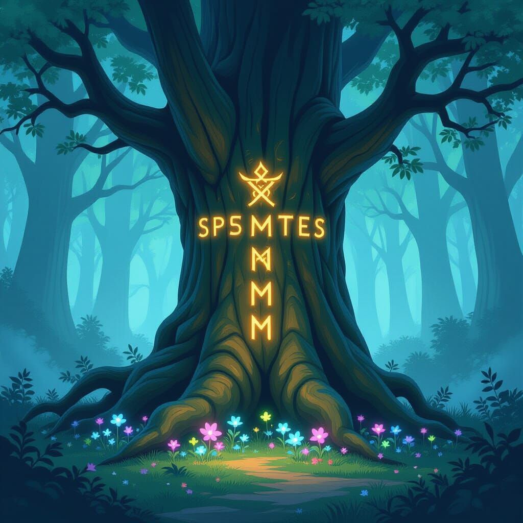 Ancient Tree With Glowing Runes in Ethereal Forest Clearing