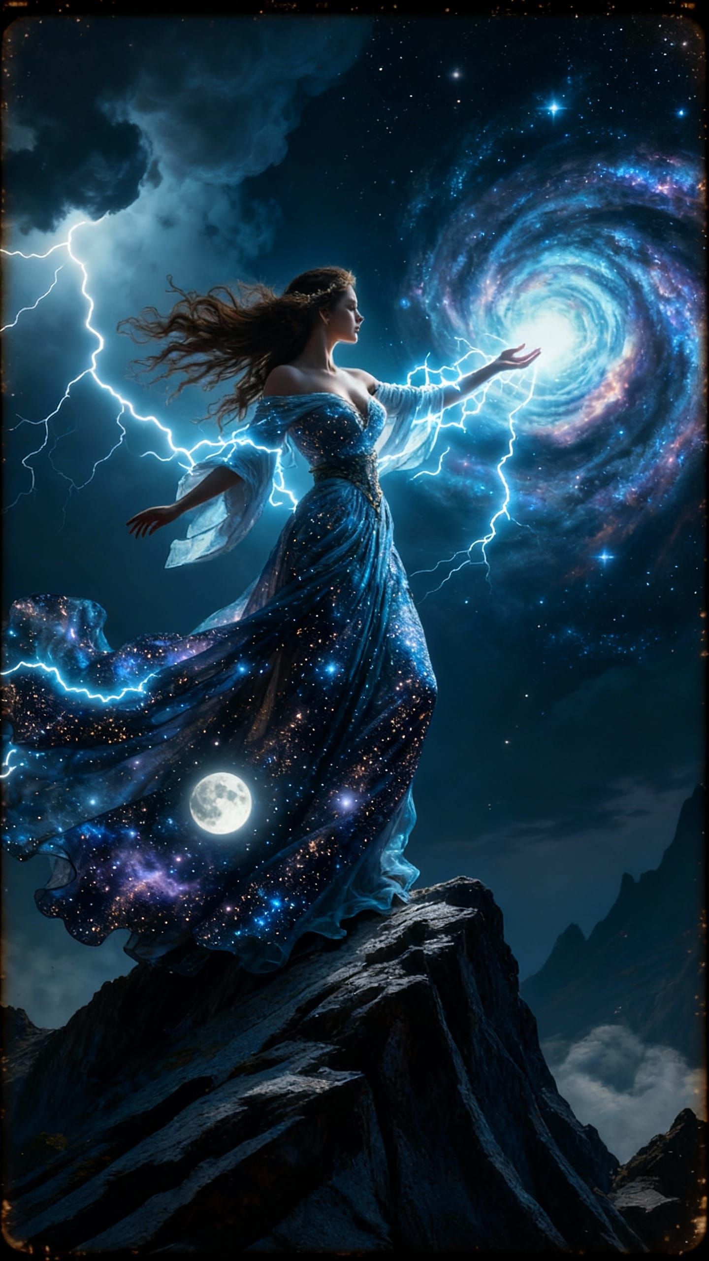 Storm Goddess on Mountain Peak with Nebula