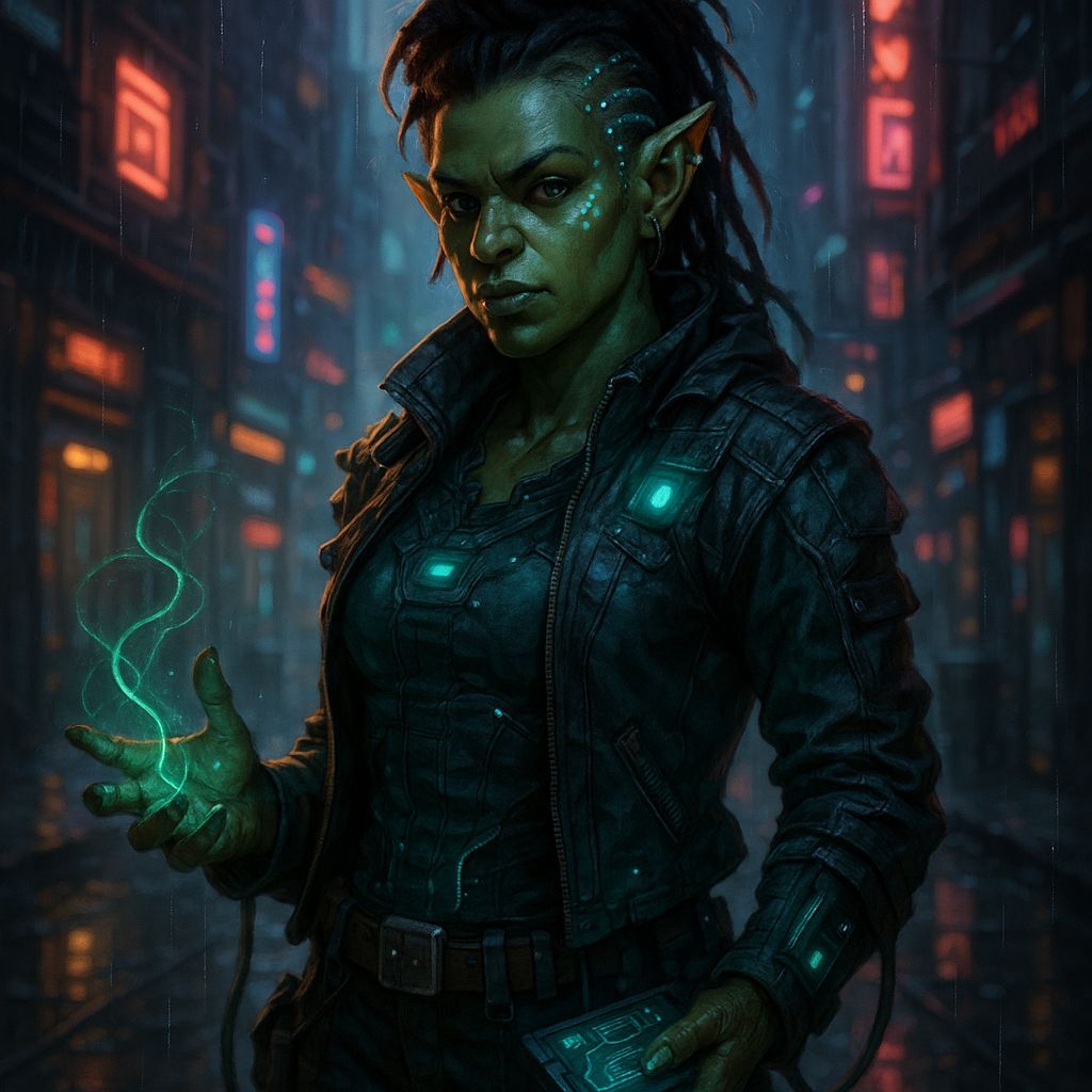 Shadowrun Ork Technomancer in Cyberpunk Style