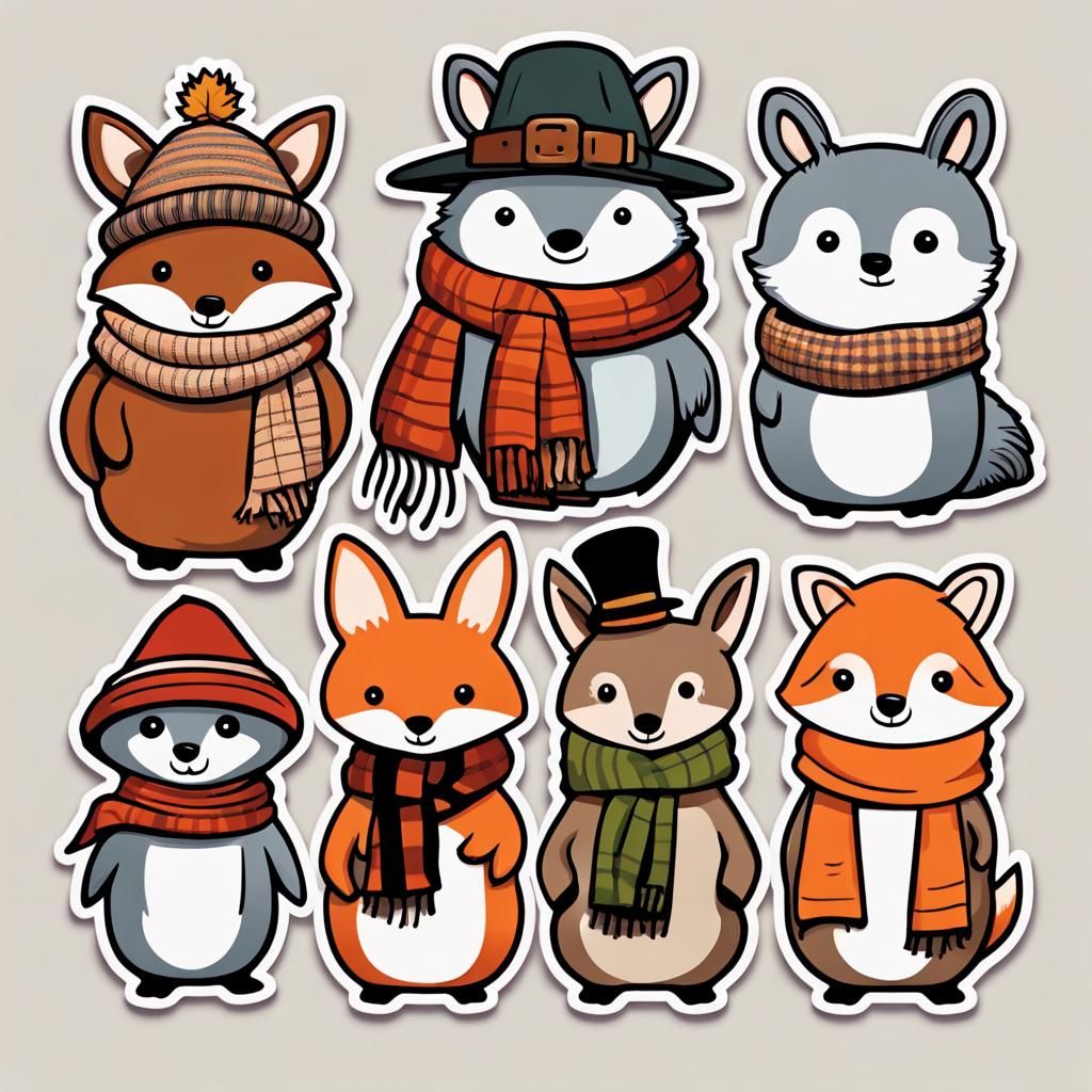 Cute Woodland Animals in Fall Attire Clipart