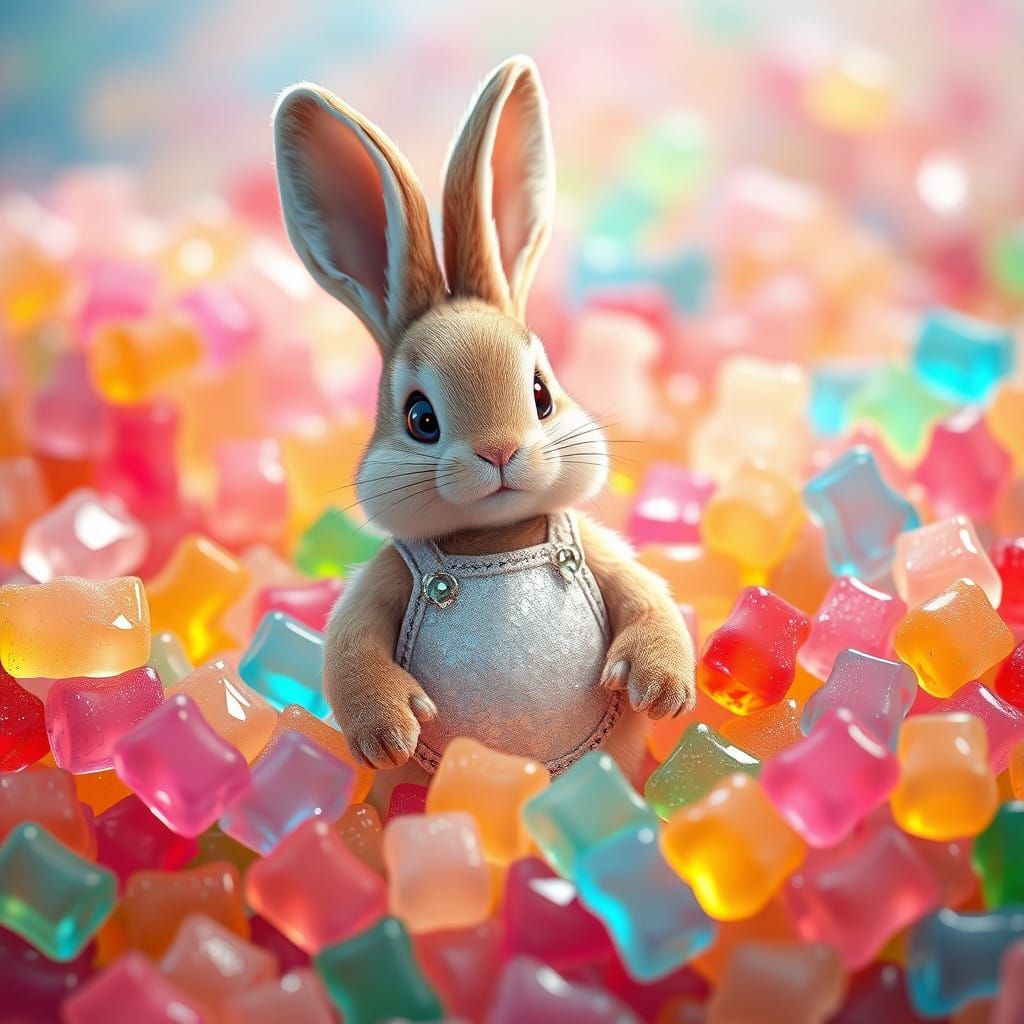 Adorable Bunny in a Rainbow of Sparkling Gummies