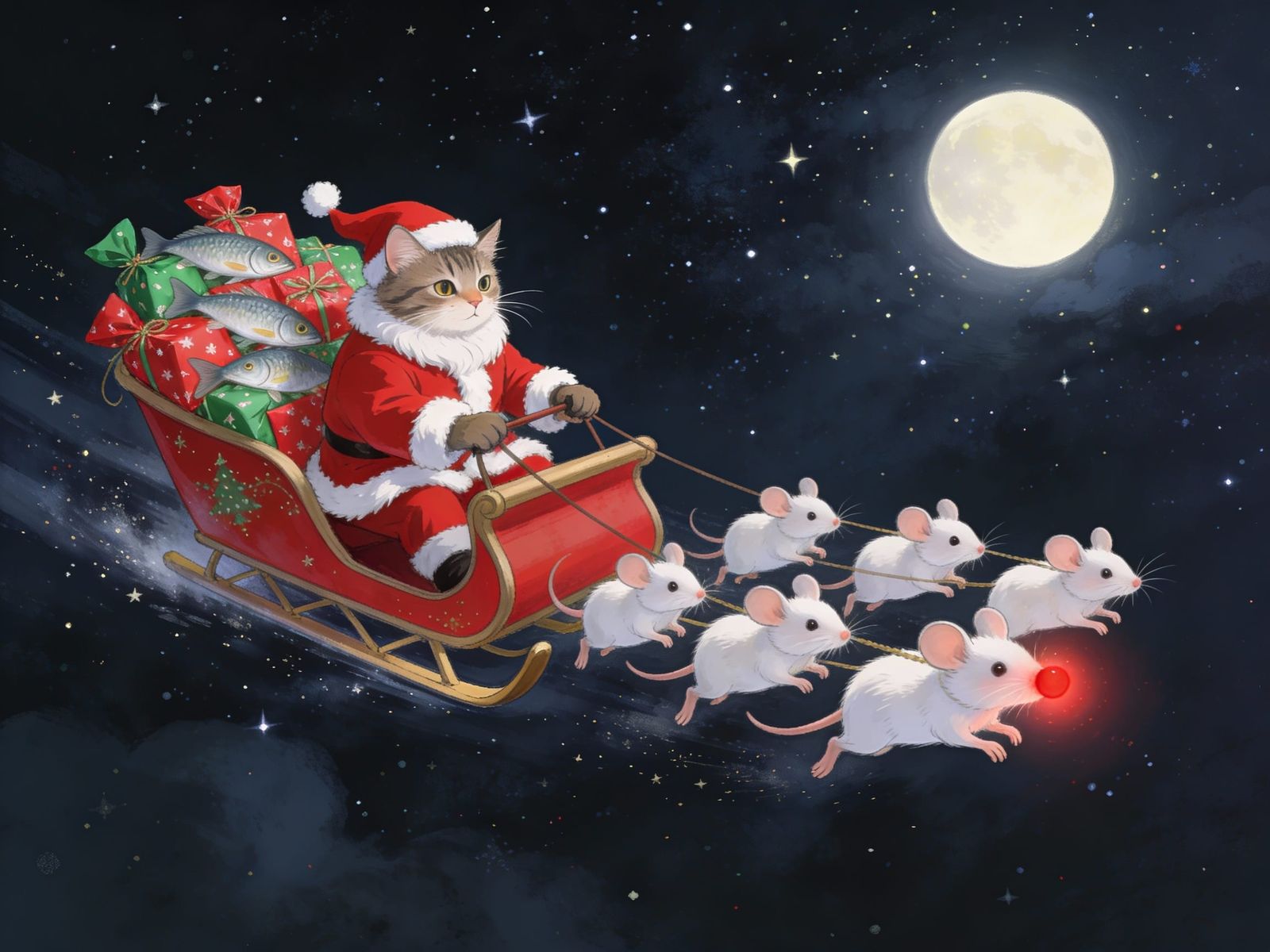 A cat dressed as Father Christmas driving a sleigh full of fish shaped parcels wrapped in Christmas paper through the ni...