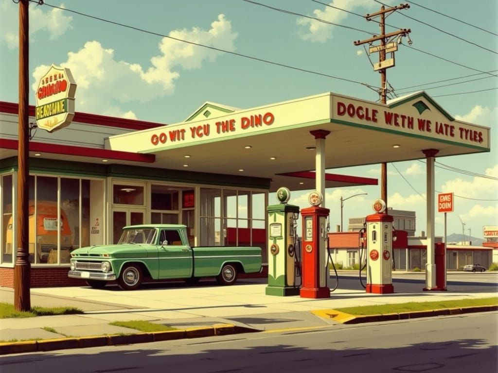 Surreal Vintage Gas Station Scene in Warm Amber Light