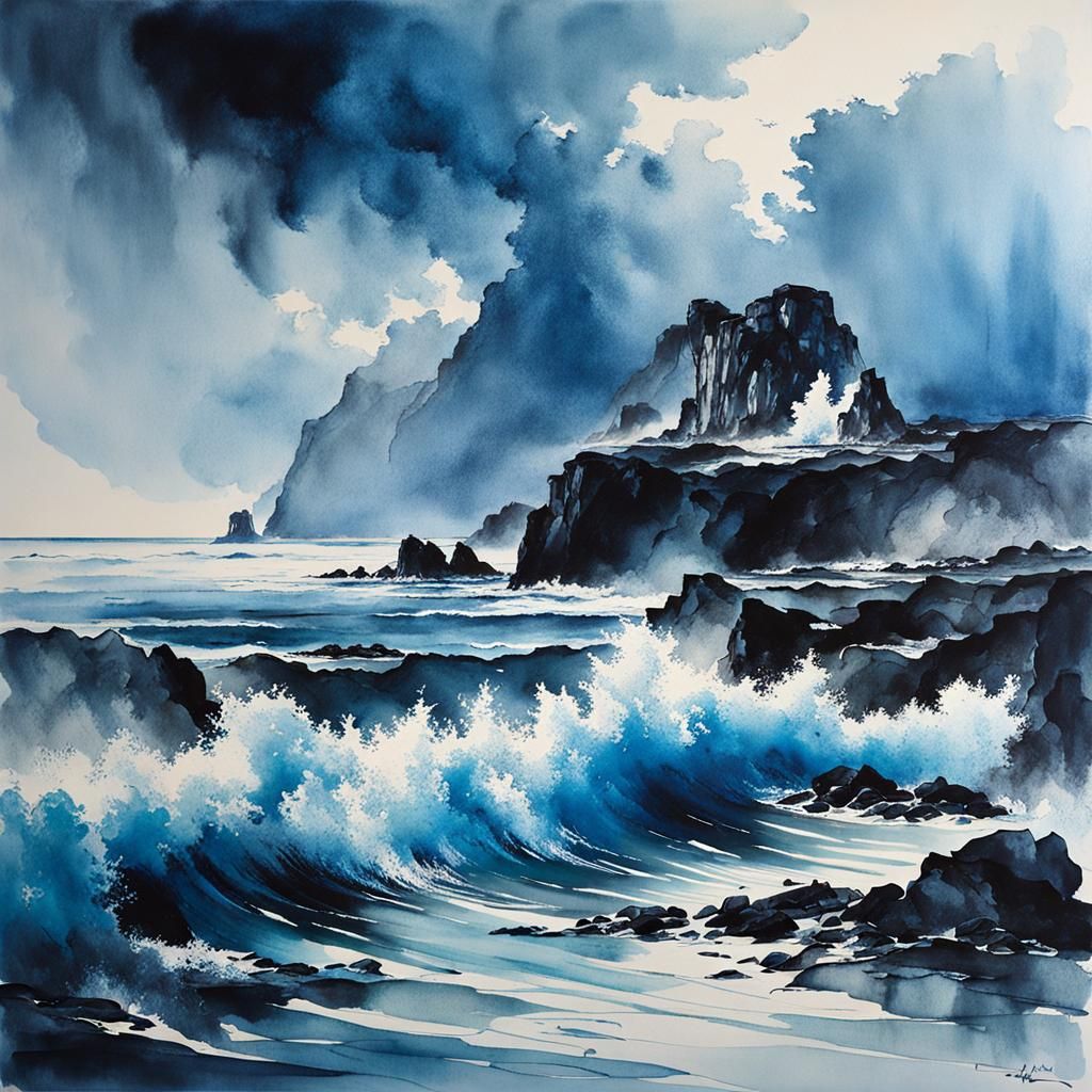 Cyan Monochromatic Ocean in Ink and Wash