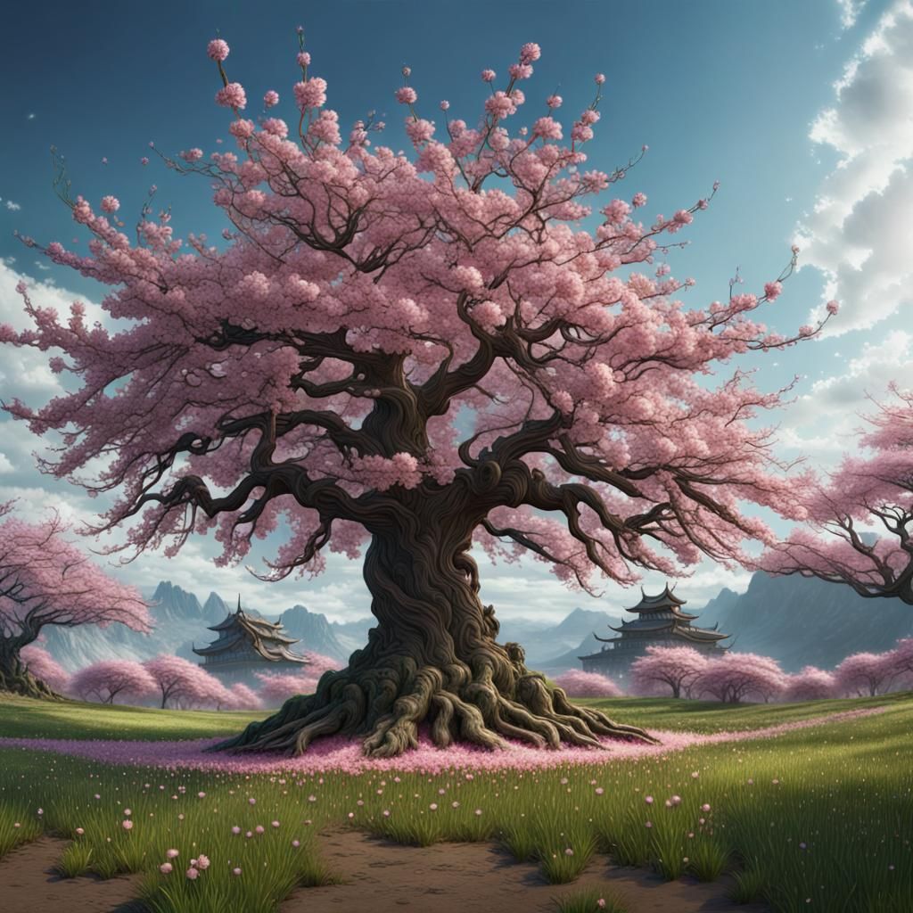 Cherry Blossom Tree in Field: Fantasy Concept Art