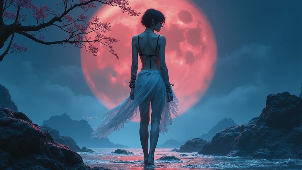 Cyberpunk Woman Under Red Moon, Hyperrealistic Style