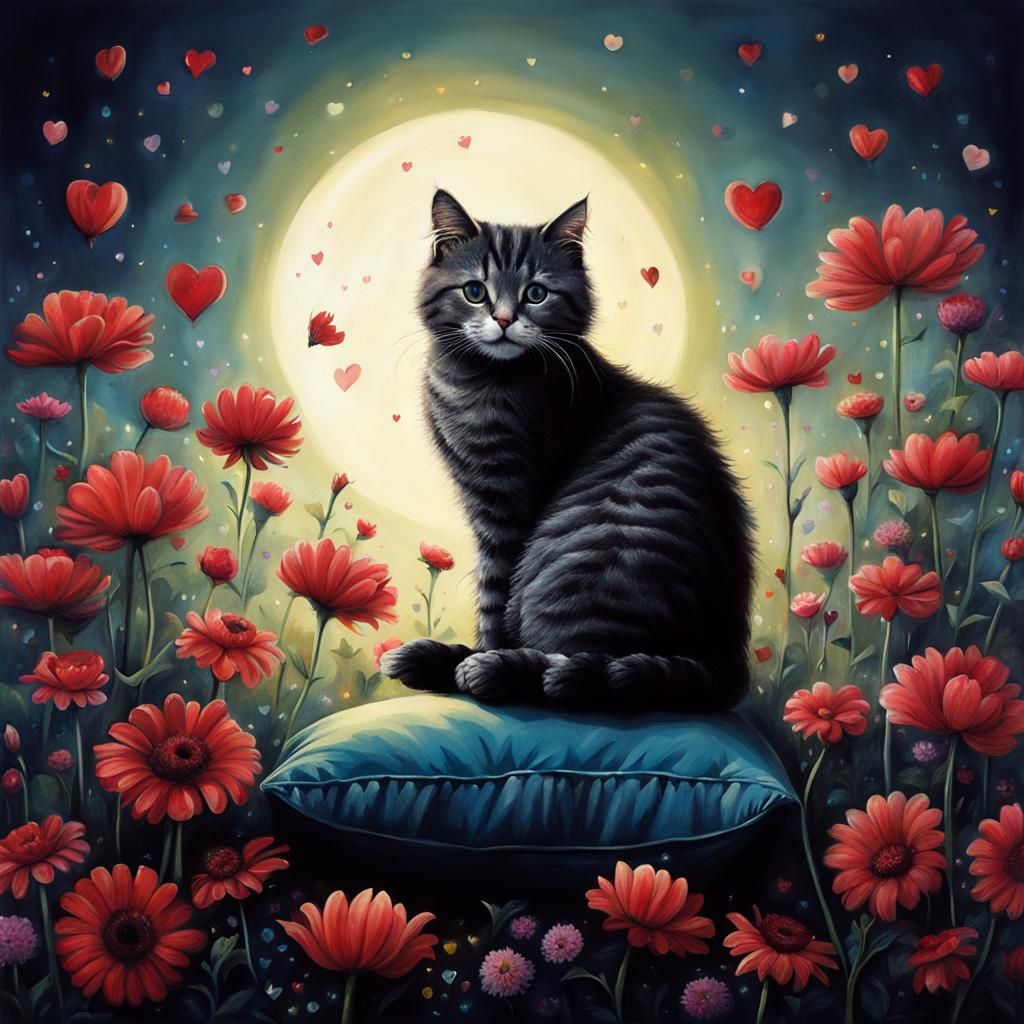 Cute Cat with Flowers in Dark Fantasy Style