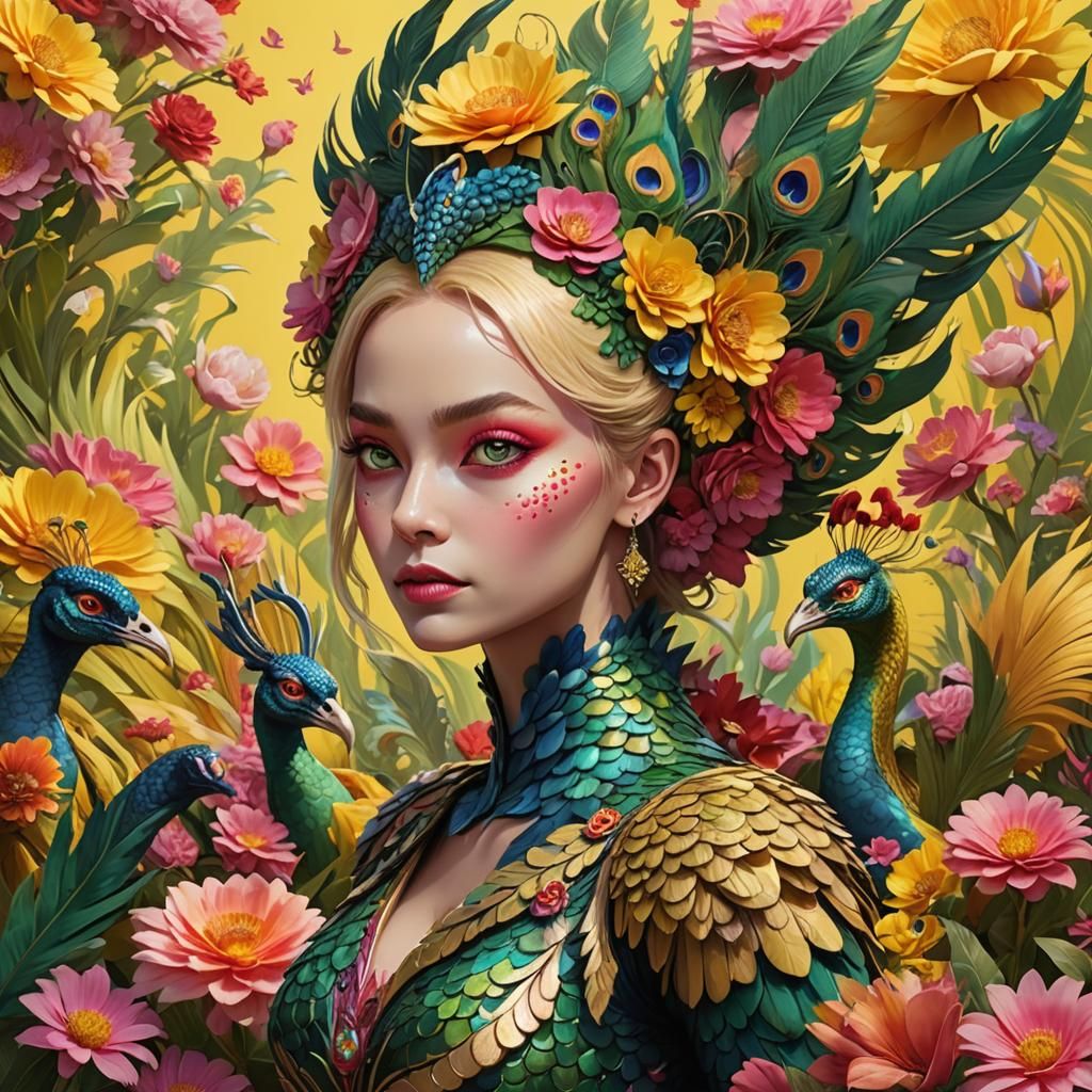Peacock Dragon Woman in a Vibrant Garden