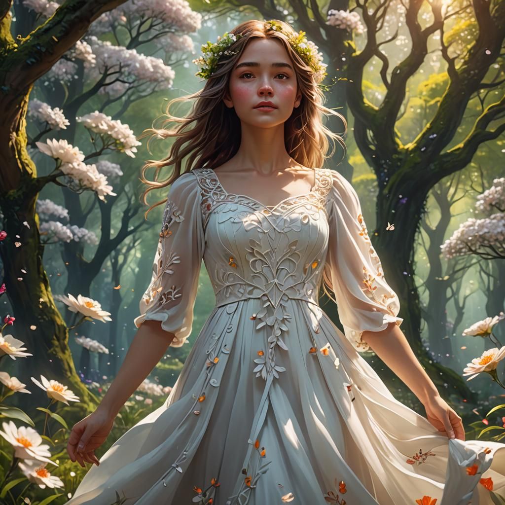 Happy Girl in a Blooming Fantasy Forest