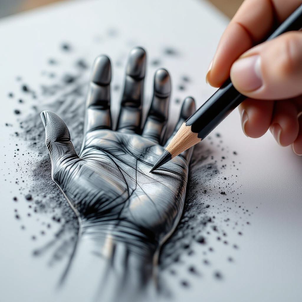 Charcoal Pencil Sketches a Hand in Macro Realism