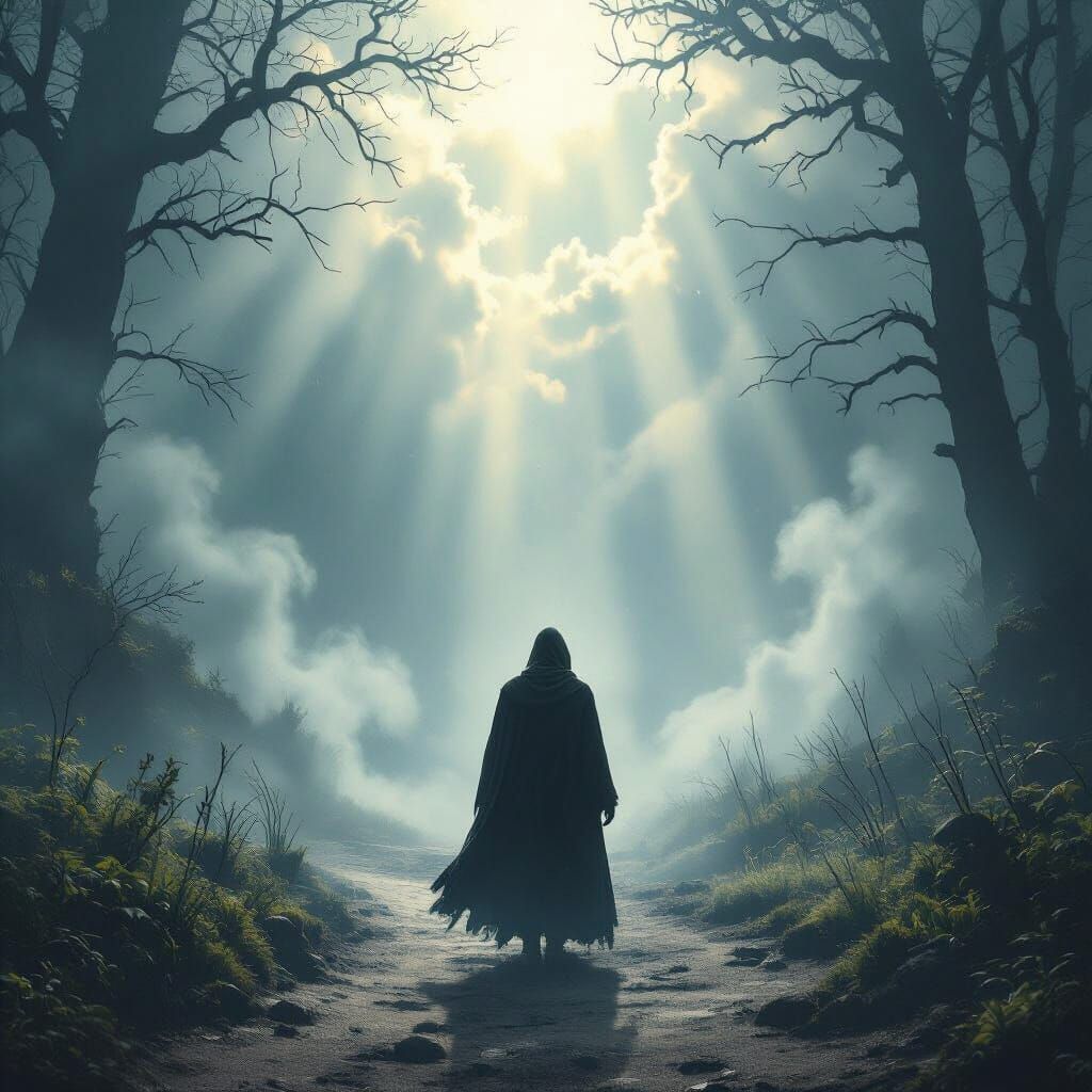 Ethereal Figure at Forest Crossroads in Divine Light