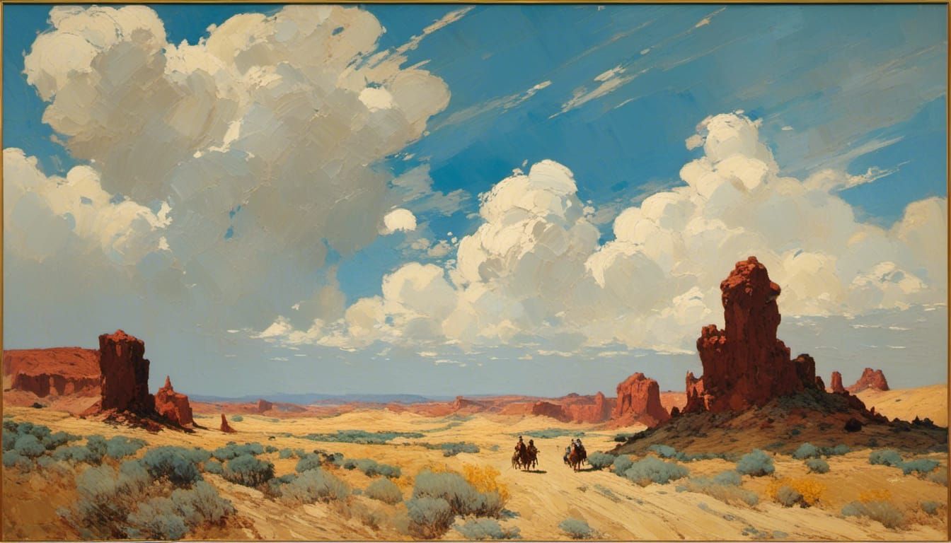 Expressionist Desert Highway with Motorcyclist in Impasto St...