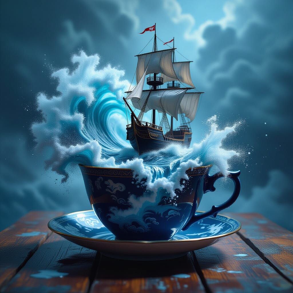 Stormy Seas Inside a Teacup: A Majestic Ship Caught in Waves