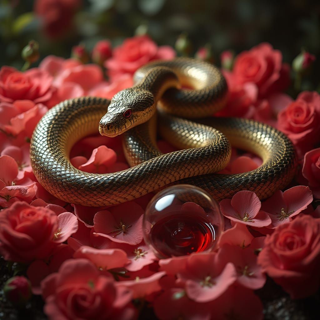 Regal Cobra Snake Amidst Lush Rose Petals and Wine