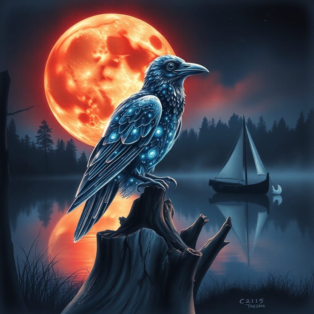 Bioluminescent Raven Perched by Lake: Watercolor Art