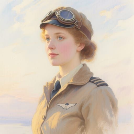 Beautiful Young Woman Pilot in Soft Pastel Watercolor