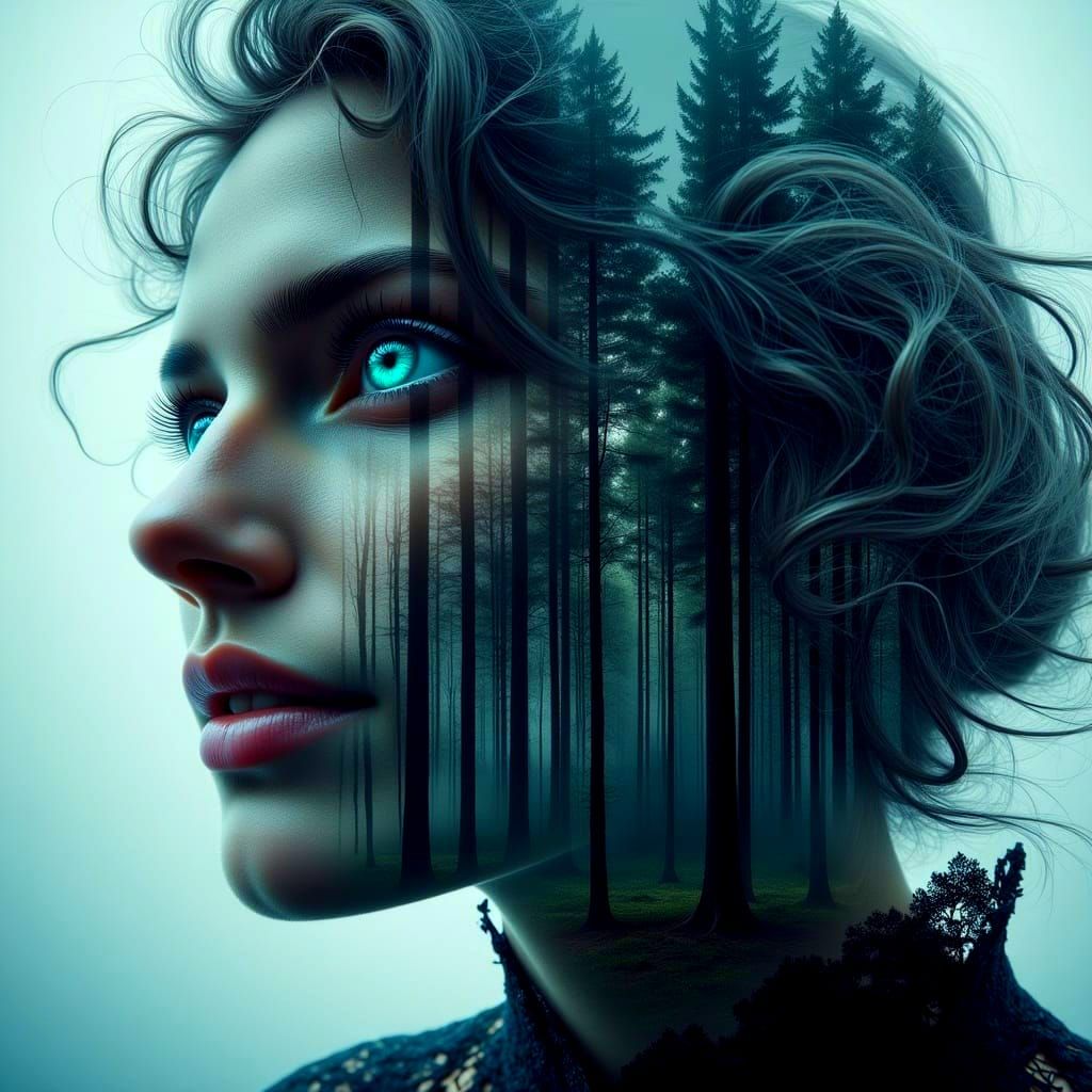 Mysterious Black and White Portrait in a Dramatic Forest Set...