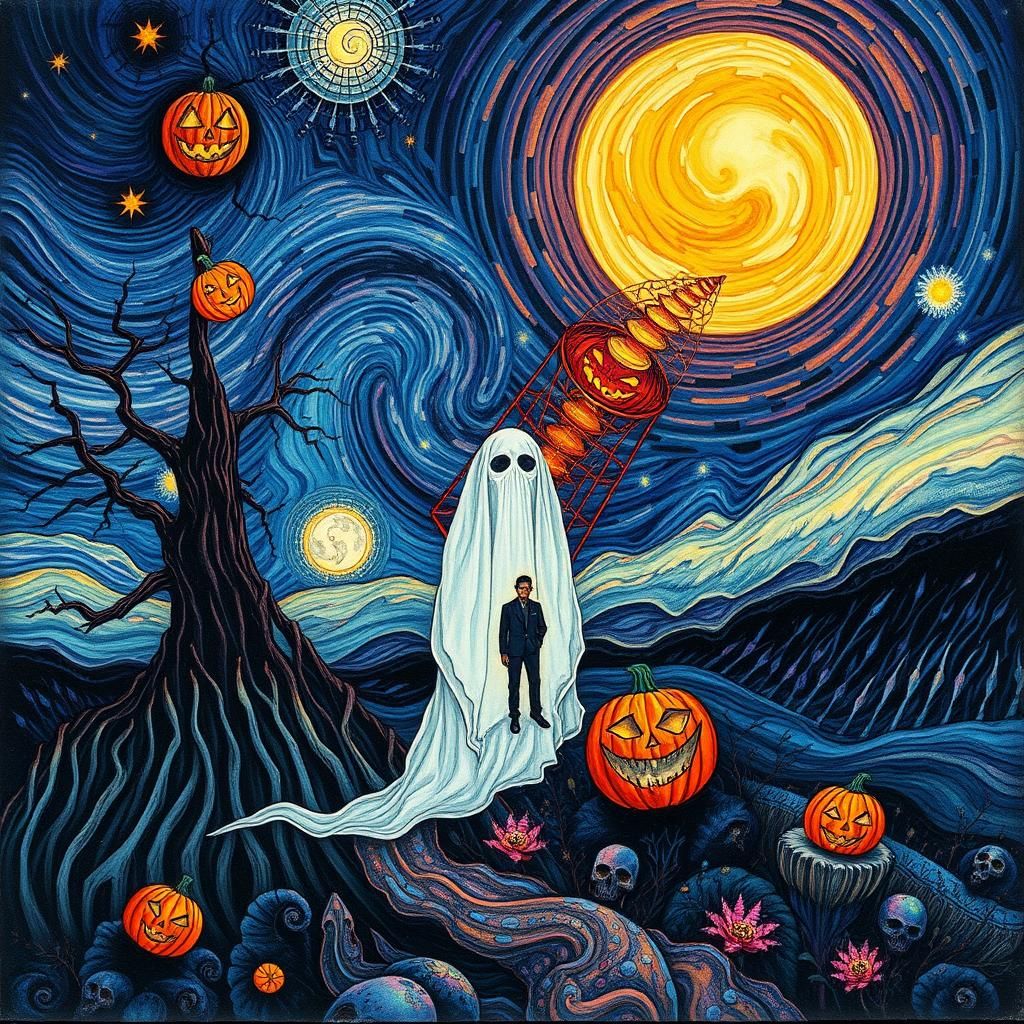 Surreal Halloween Scene in Faded Ink Style