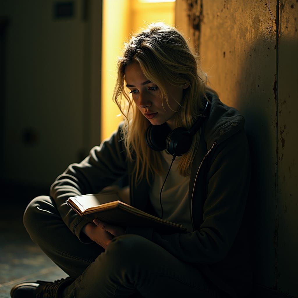 Contemplative Student with Notebook in Film Noir Style