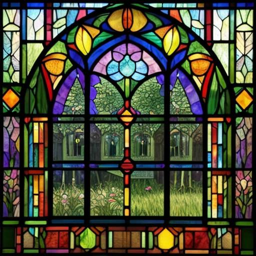 Fantasy Village in Stained Glass, Pre-Raphaelite Style