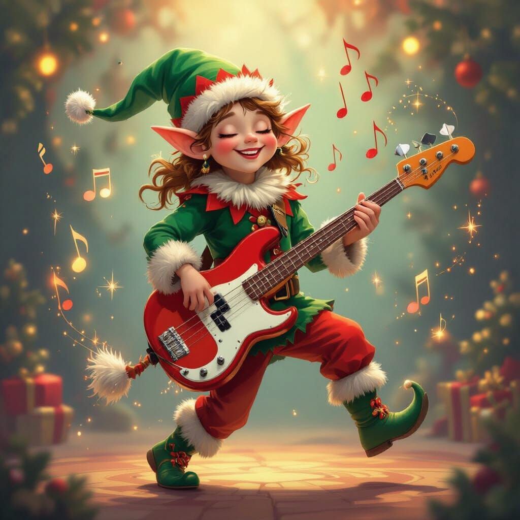 Christmas Elf Mahasiddha Playing Bass Guitar in Festive Colo...