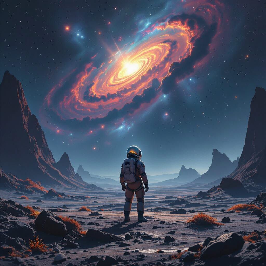 Astronaut on Alien Planet Gazing at Nebula