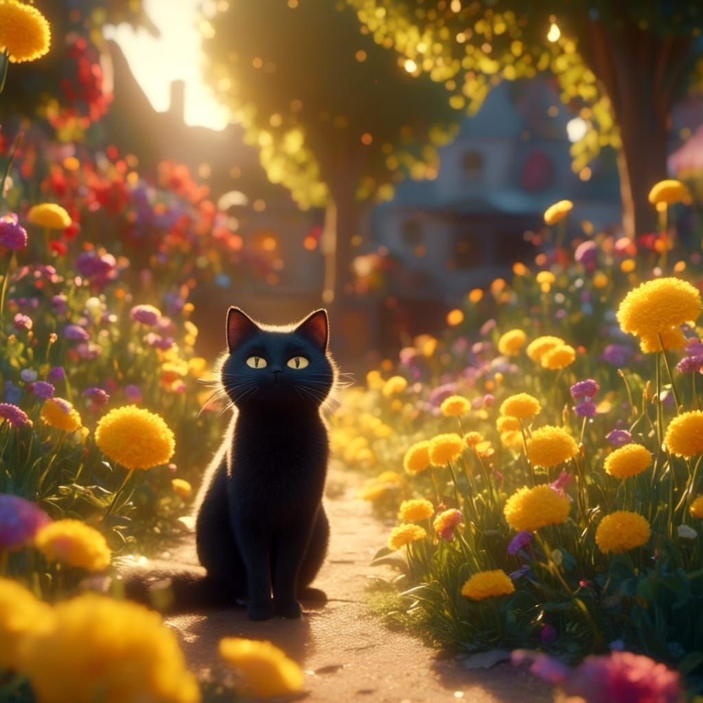Fluffy Black Cat in Yellow Flower Garden: Pixar-style