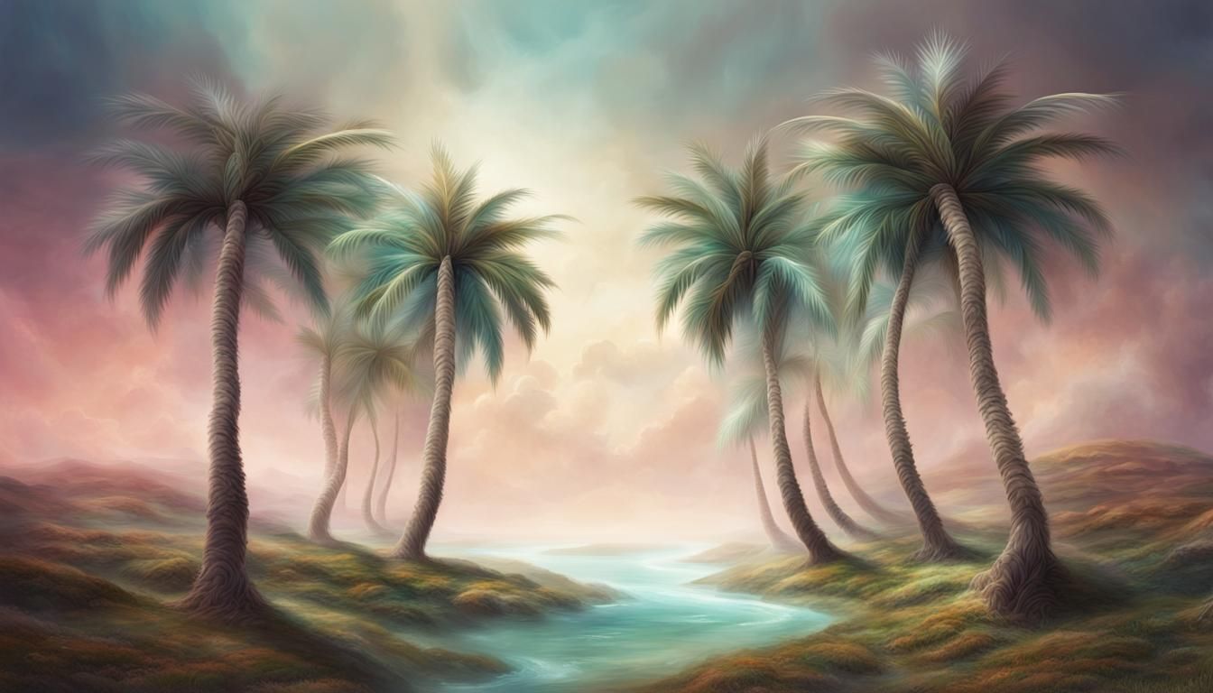 Surreal Palm Trees in Dreamlike Landscape