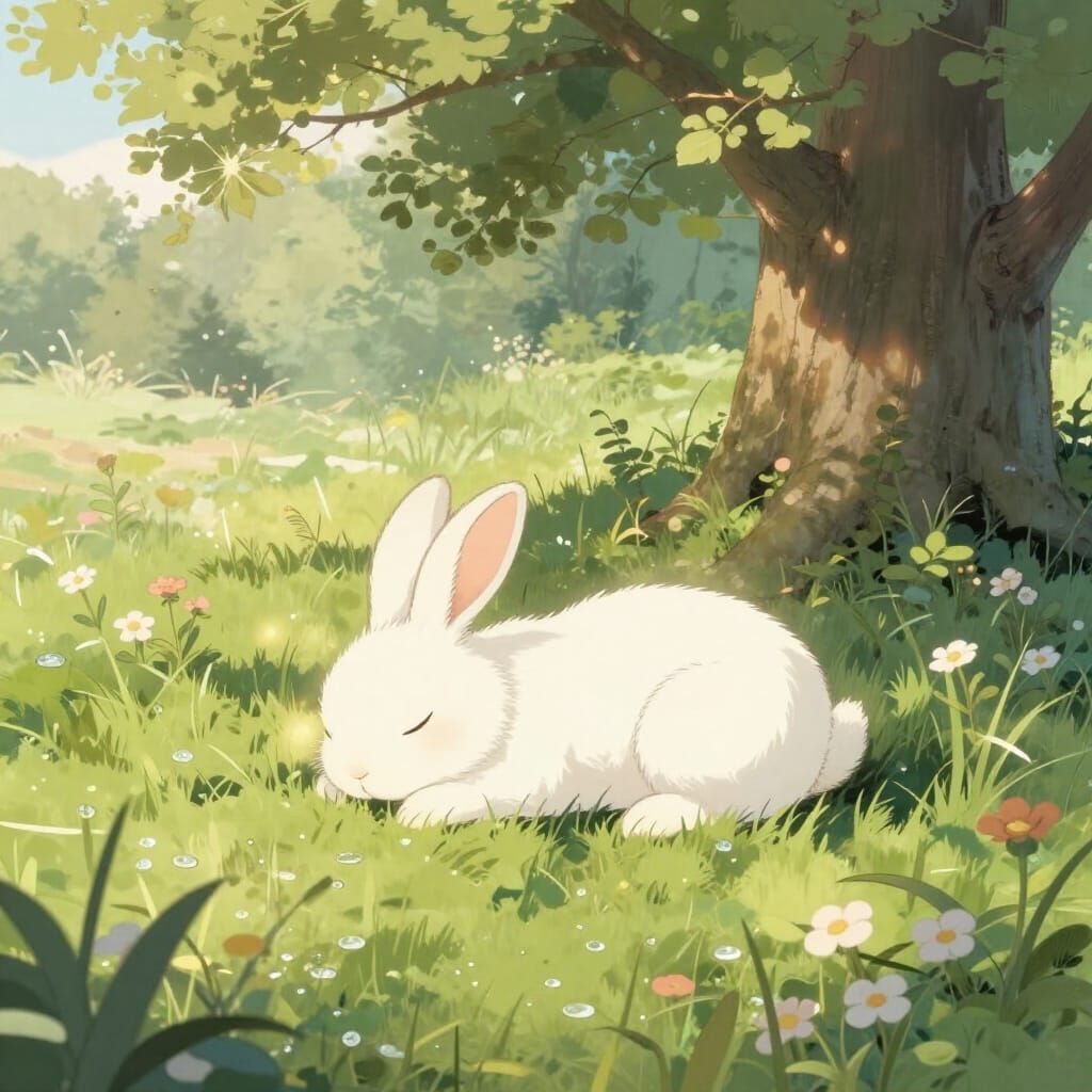 Fluffy Bunny Sleeping in Sunlit Meadow
