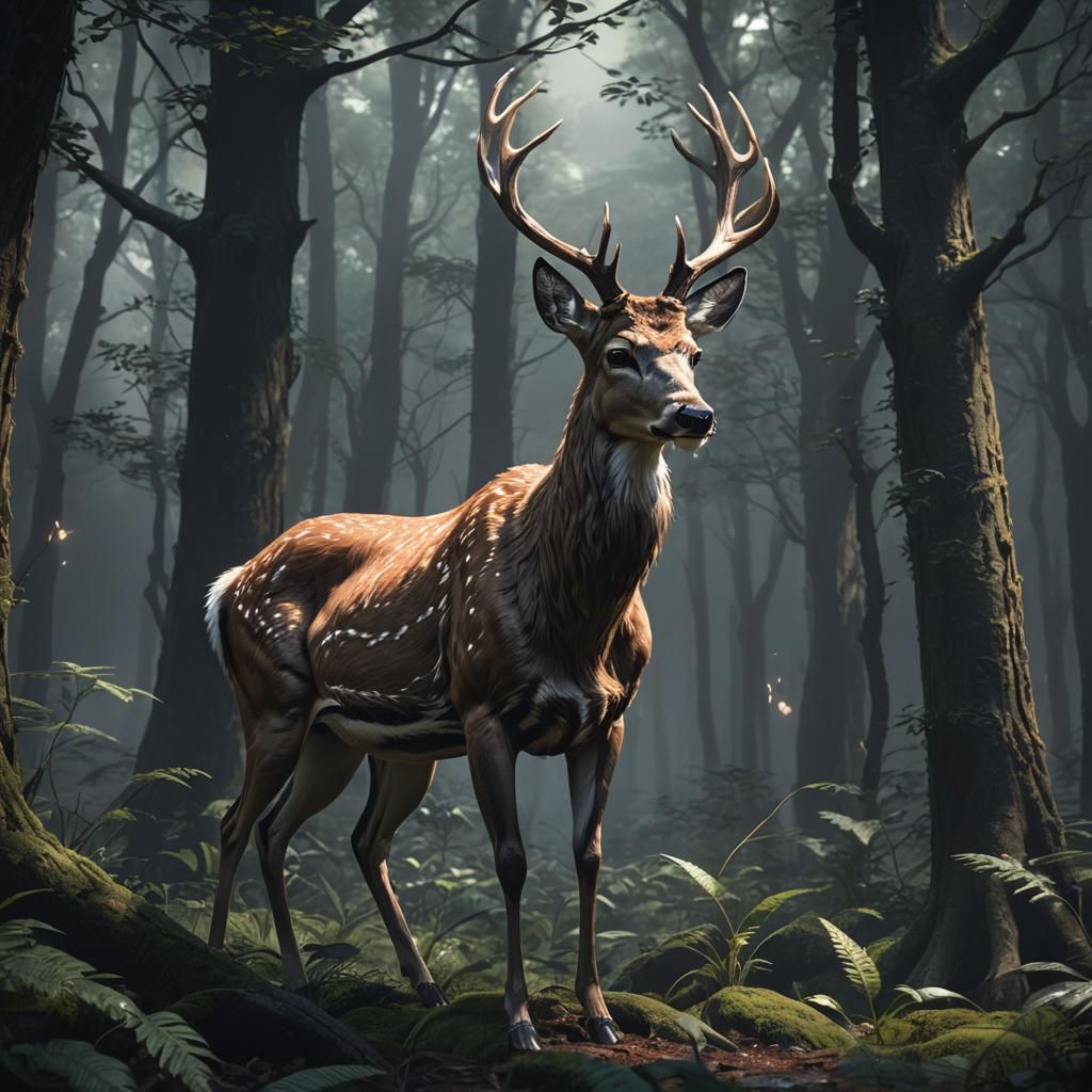 Male Deer in Dark Forest, Anime Style