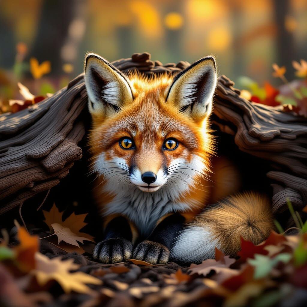 Baby Fox Peeking Under Log in Autumn Woods