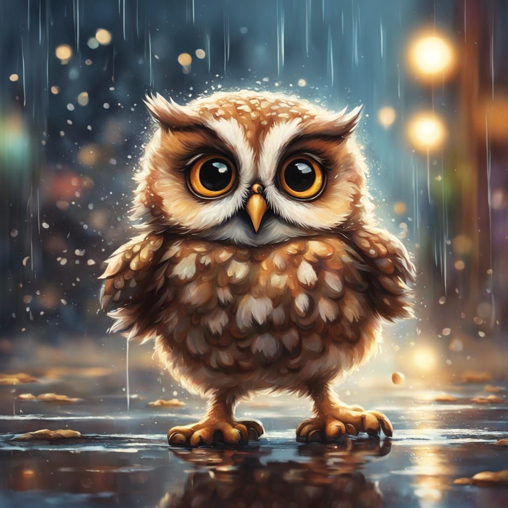 Baby Owl Puddle Play Oil Painting