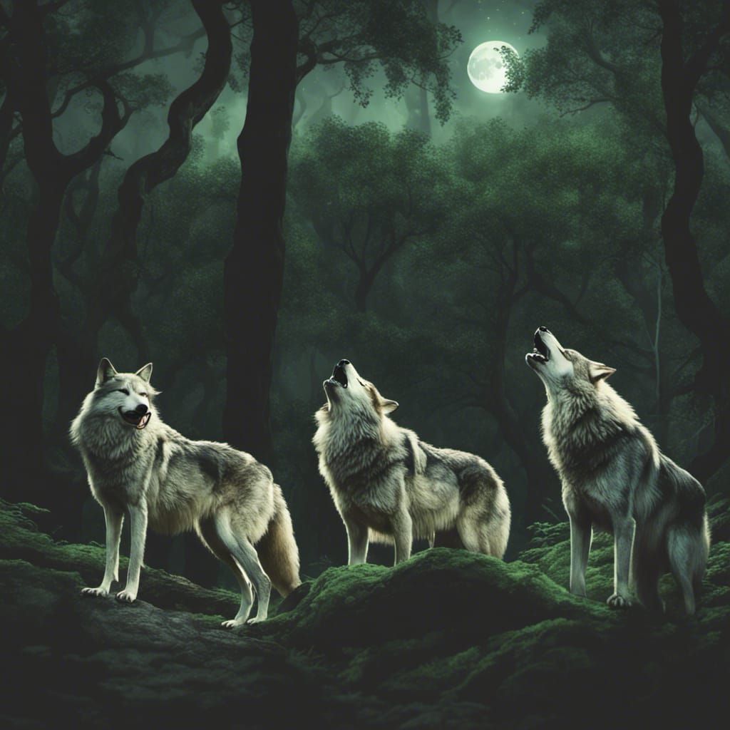 Celtic druid wolf shamans howling at the full moon in a deep lush dark forest at night
