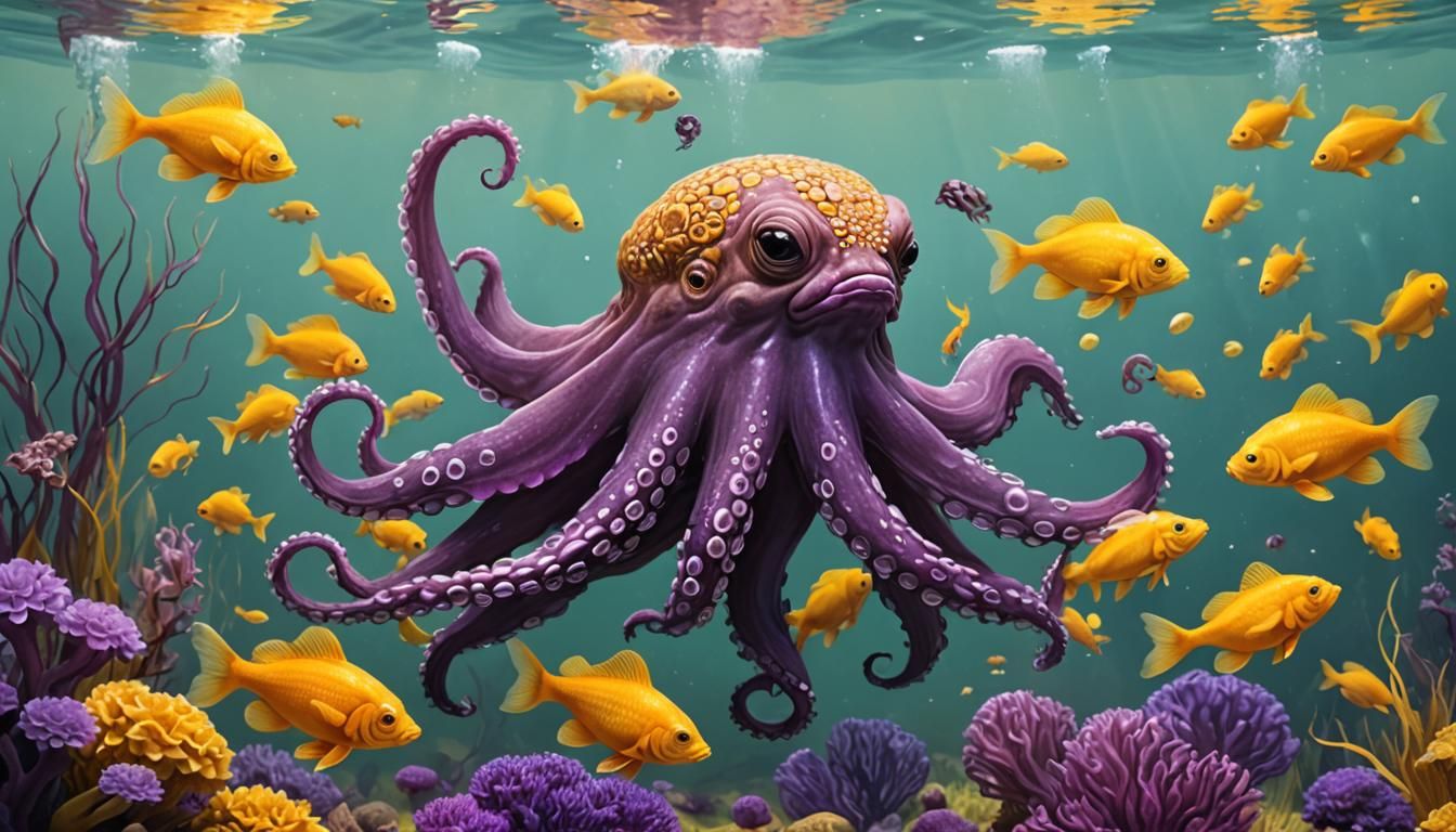 Strange Octopus-Goldfish-Capybara Hybrid Swimming Underwater