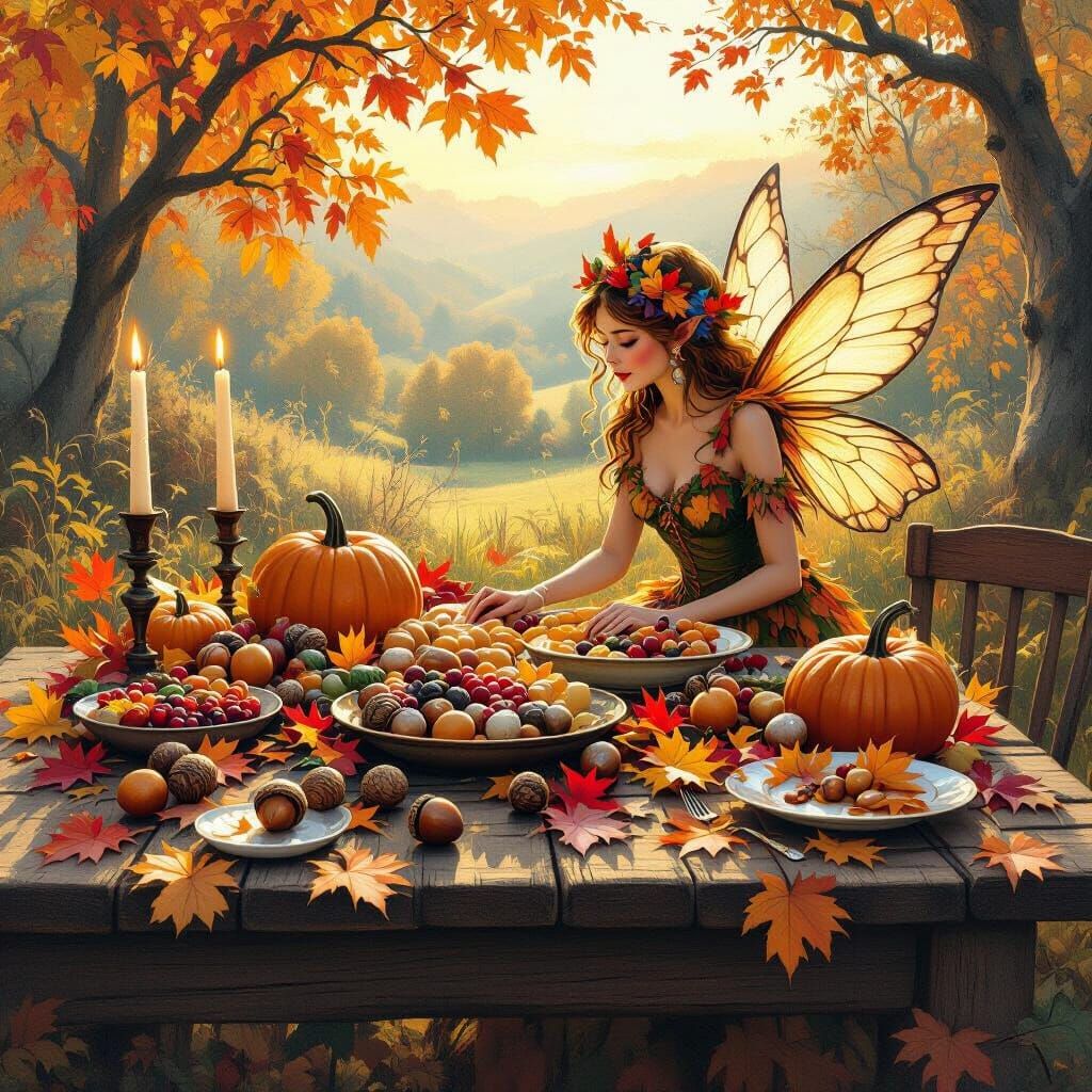 Whimsical Fairy Presides Over Autumn Harvest Feast