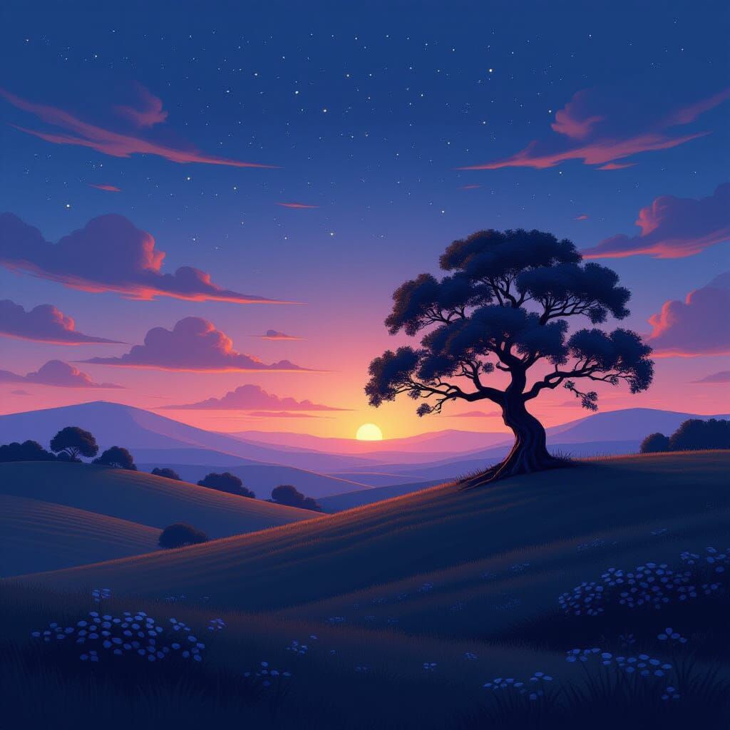 Serene Twilight Landscape with Ancient Tree