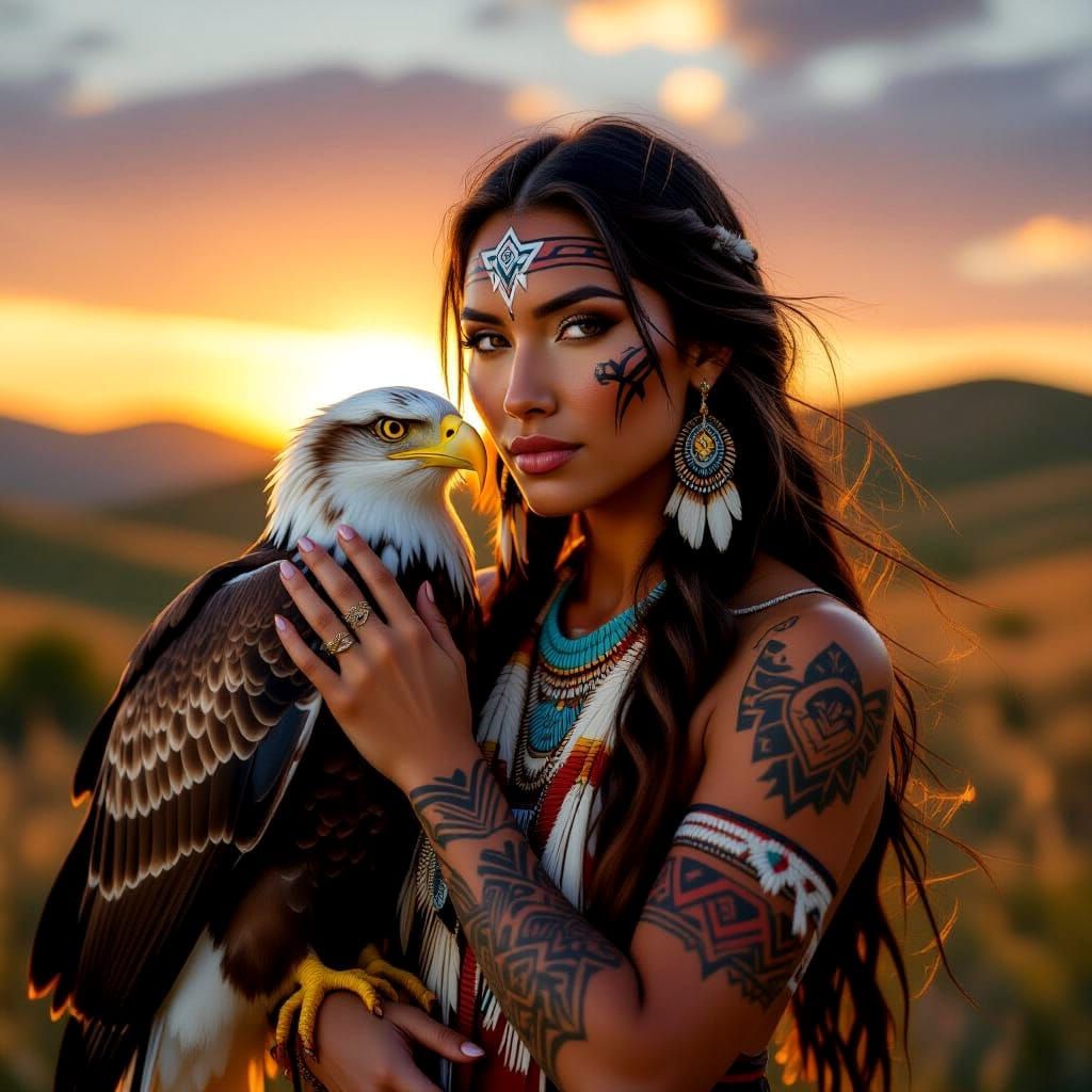 A striking Native American woman with intricate tribal tatto...