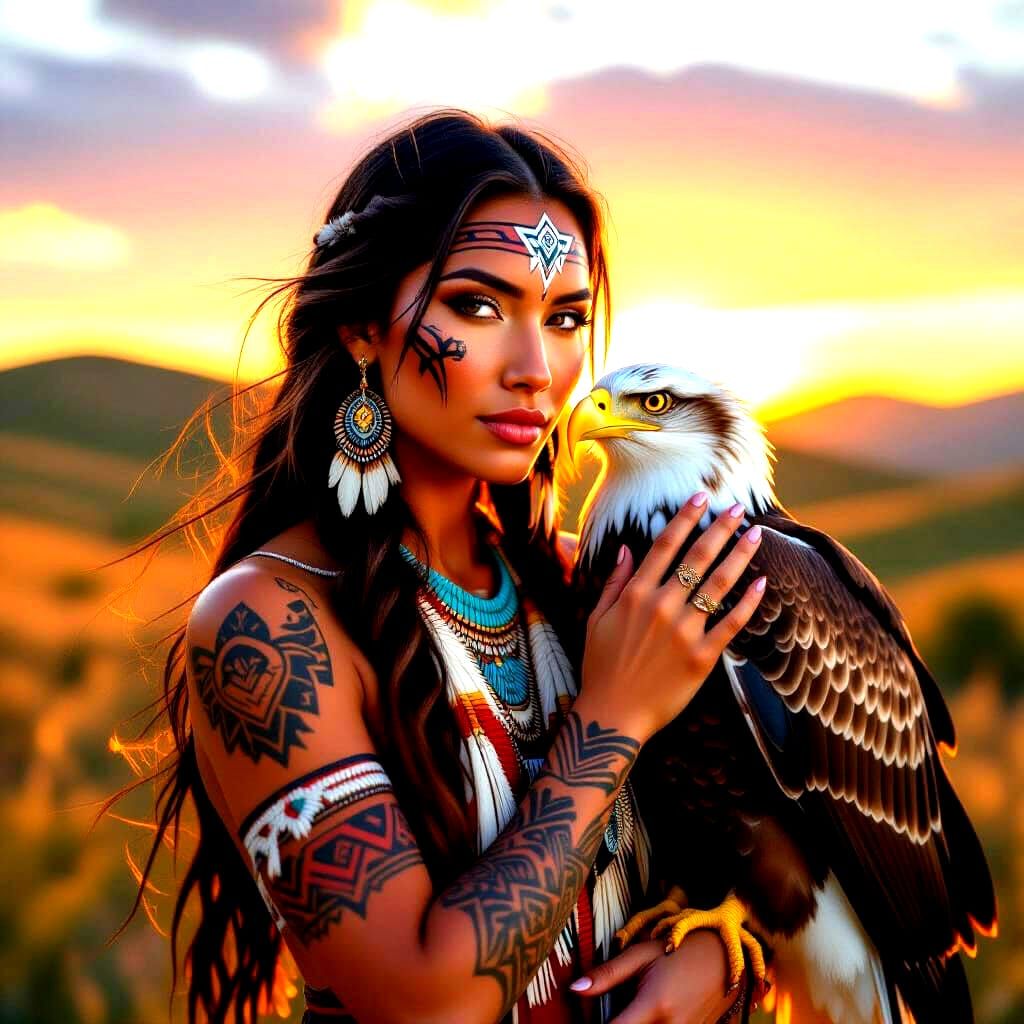 A striking Native American woman with intricate tribal tatto...
