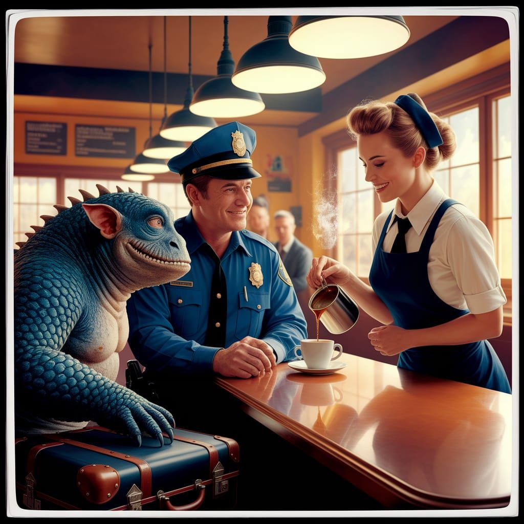 Norman Rockwell Style Diner Scene With Monster