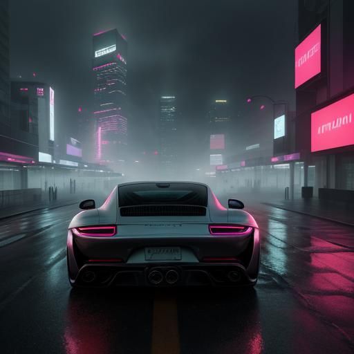 Porsche 911 on Dystopian Street in Cyberpunk Style