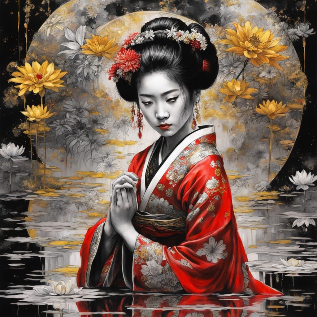 Geisha Touches Mirrored Reflection in Dark Fantasy Style
