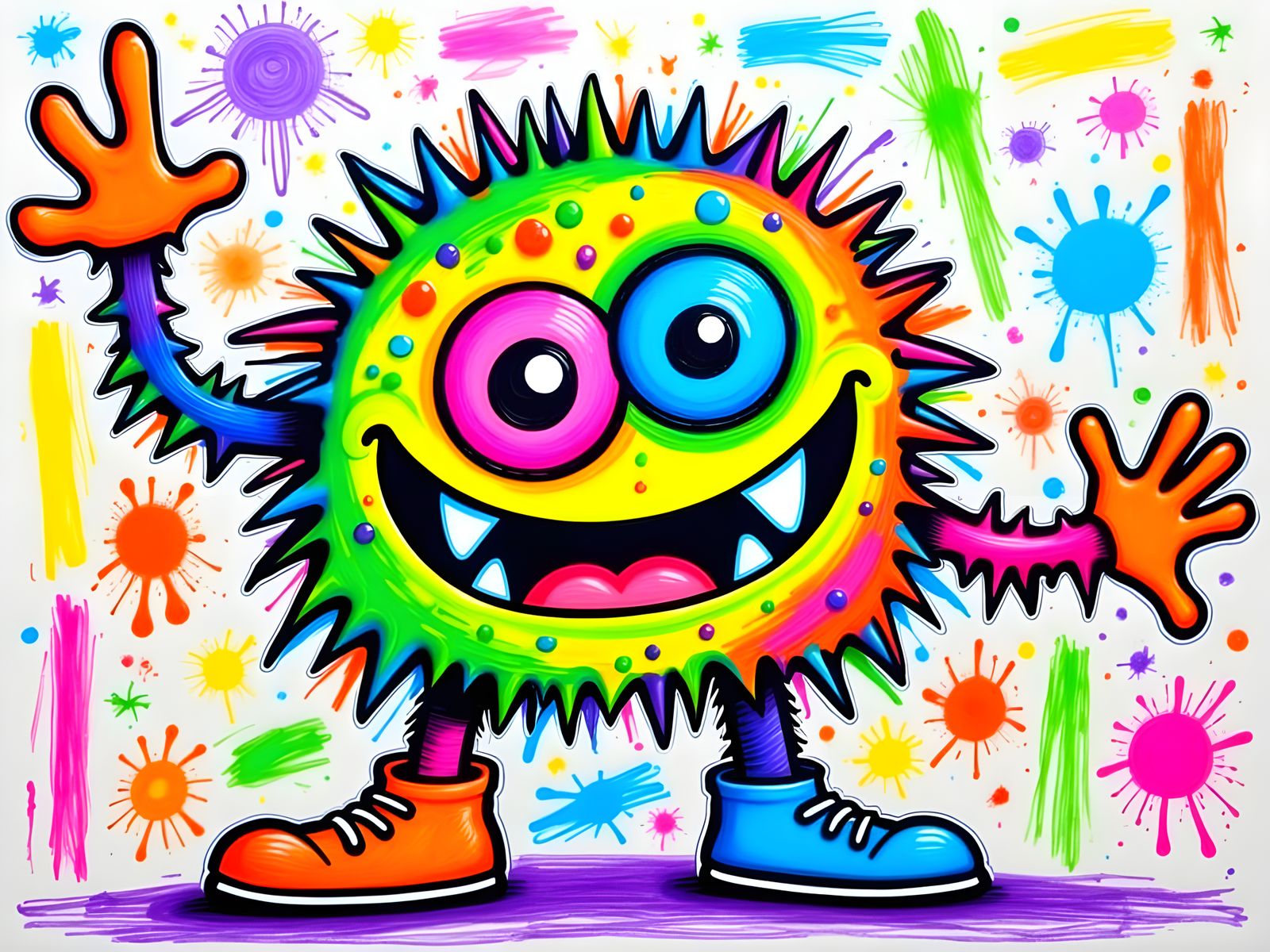Whimsical Neon Monster in a Vibrant Crayon World